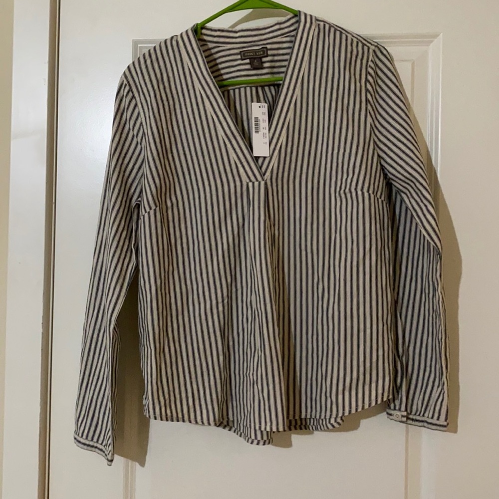 J Crew Stripe denim blue and cream linen blouse. Size small. NBW.